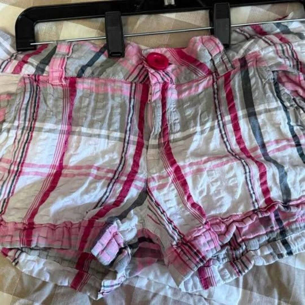 Size 7 Junior's O'Neill Surf White Pink & Gray Plaid Micro Y2K 90's 00's Shorts